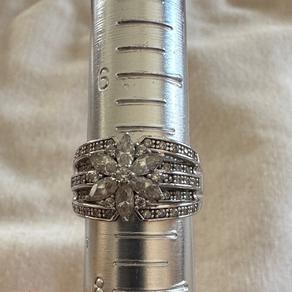 Diamonique Silver Multi-Band Floral Ring